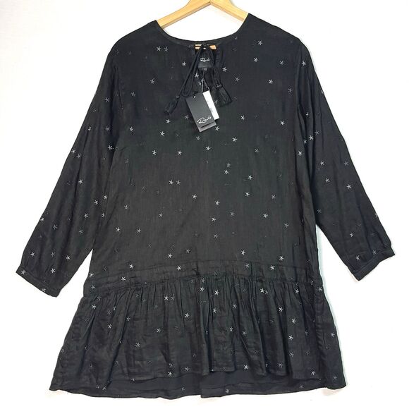 NWT Rails Lydia Black Stars Linen Rayon Embroidered Boho Babydoll Dress Sz S - Picture 2 of 9